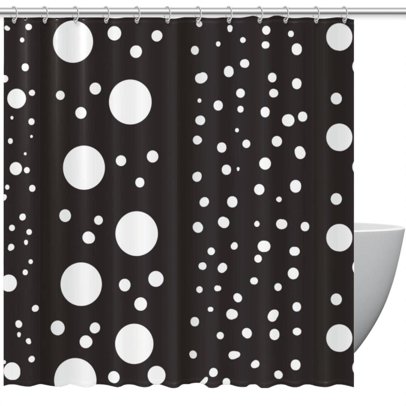 Rideau de douche 183 cm anti-moisissure à pois noirs et blancs facile à laver