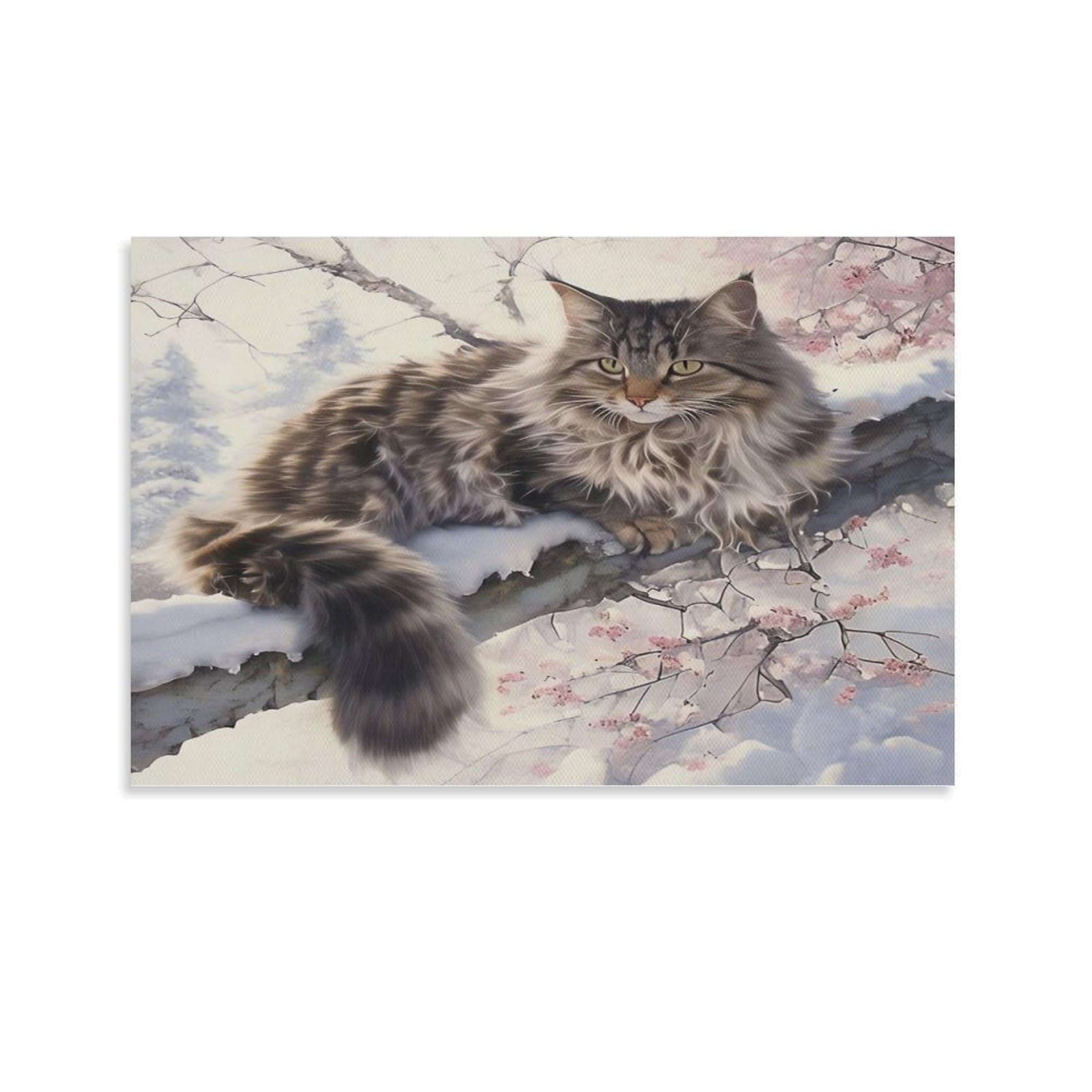 CPLVKWRQJ Snowy Cat Portrait 1 Piece Fluffy Longhair Cat Snowy Blossom Branch Canvas Print - Office Wall Art Fade Resistant Wall Focal Art Statement Piece 16x24inch(40x60cm)
