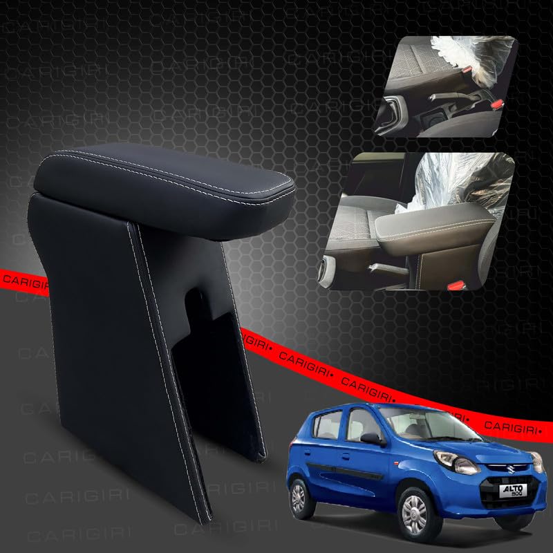Image of Carigiri Premium Finish Car Armrest with Storage Box And High Density Moulded Foam For Maruti Suzuki Alto 800 (All Models) (White Seam,Nappa Leatherette)