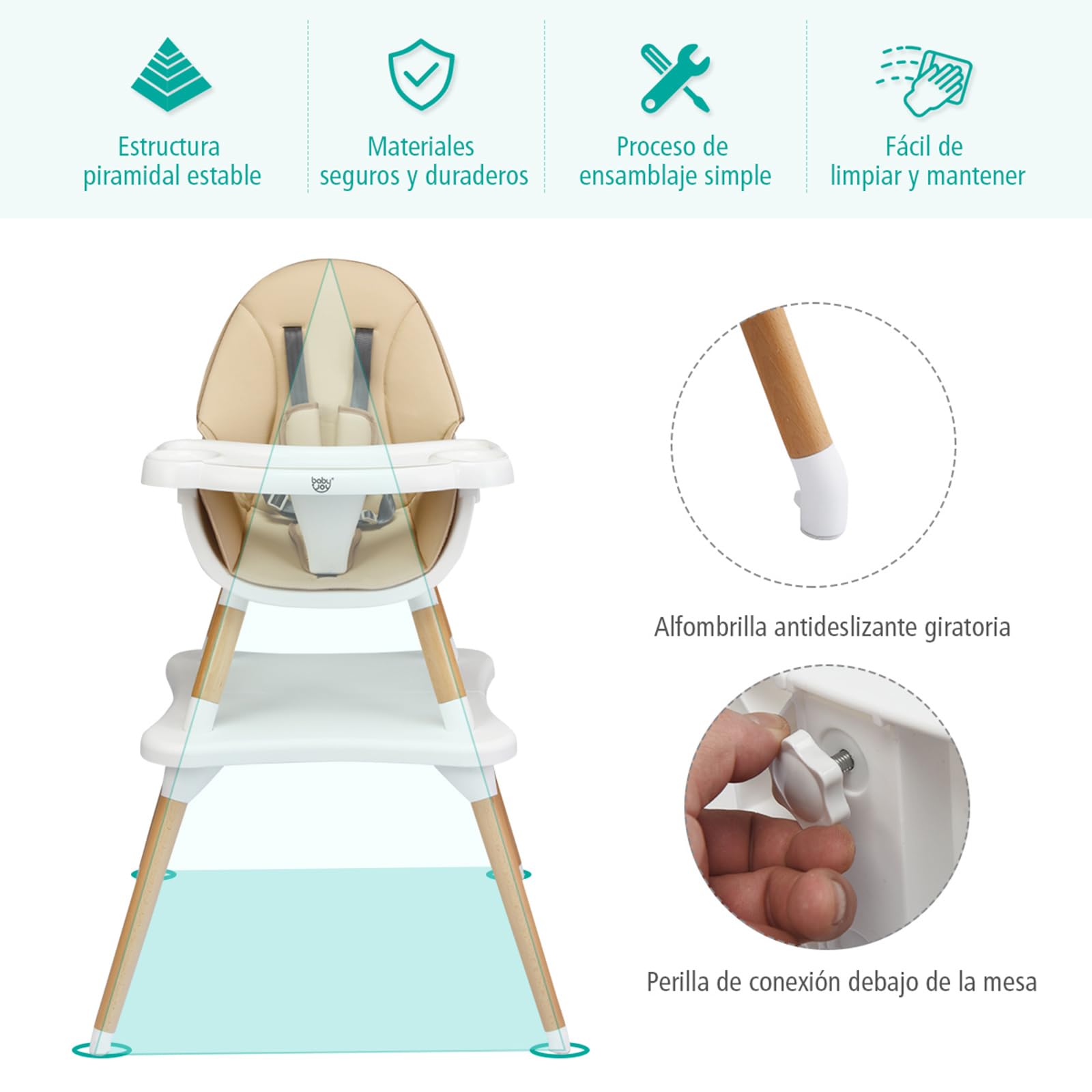 COSTWAY Trona para Bebé con Altura Ajustable, Silla Alta para Comer con Cinturón de Seguridad y Bandeja Extraíble, Trona Portátil Evolutiva Bebé (sin Tablero de Bloques, Caqui)