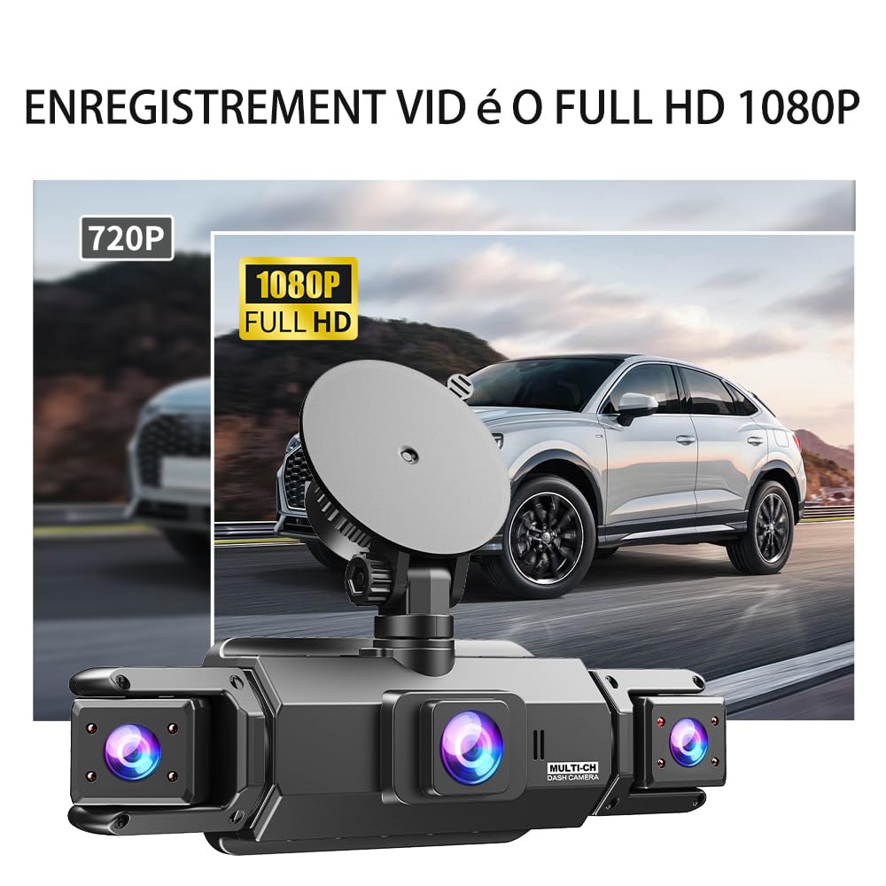 Dashcam 4 Caméras Enregistreur de Voiture - HD 1080P(Avant) 720P(Intérieur×2 & Arrière) sans WiFi 64GB Carte Mémoire, Écran IPS 3" Vision Nocturne (JLYJJS0101)