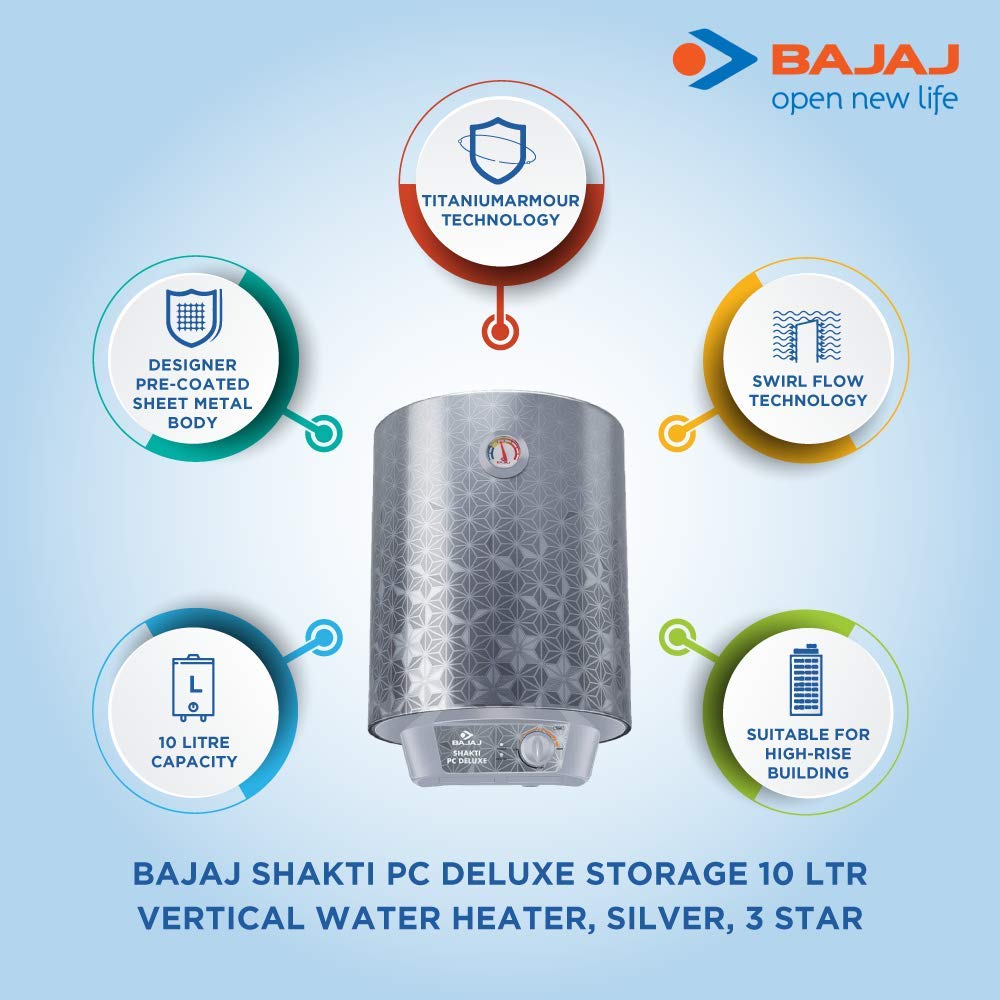 Buy Bajaj Shakti PC Deluxe Storage 10 Litre Verical 4 Star Water Heater  (Grey) Online at Low Prices in India - Amazon.in