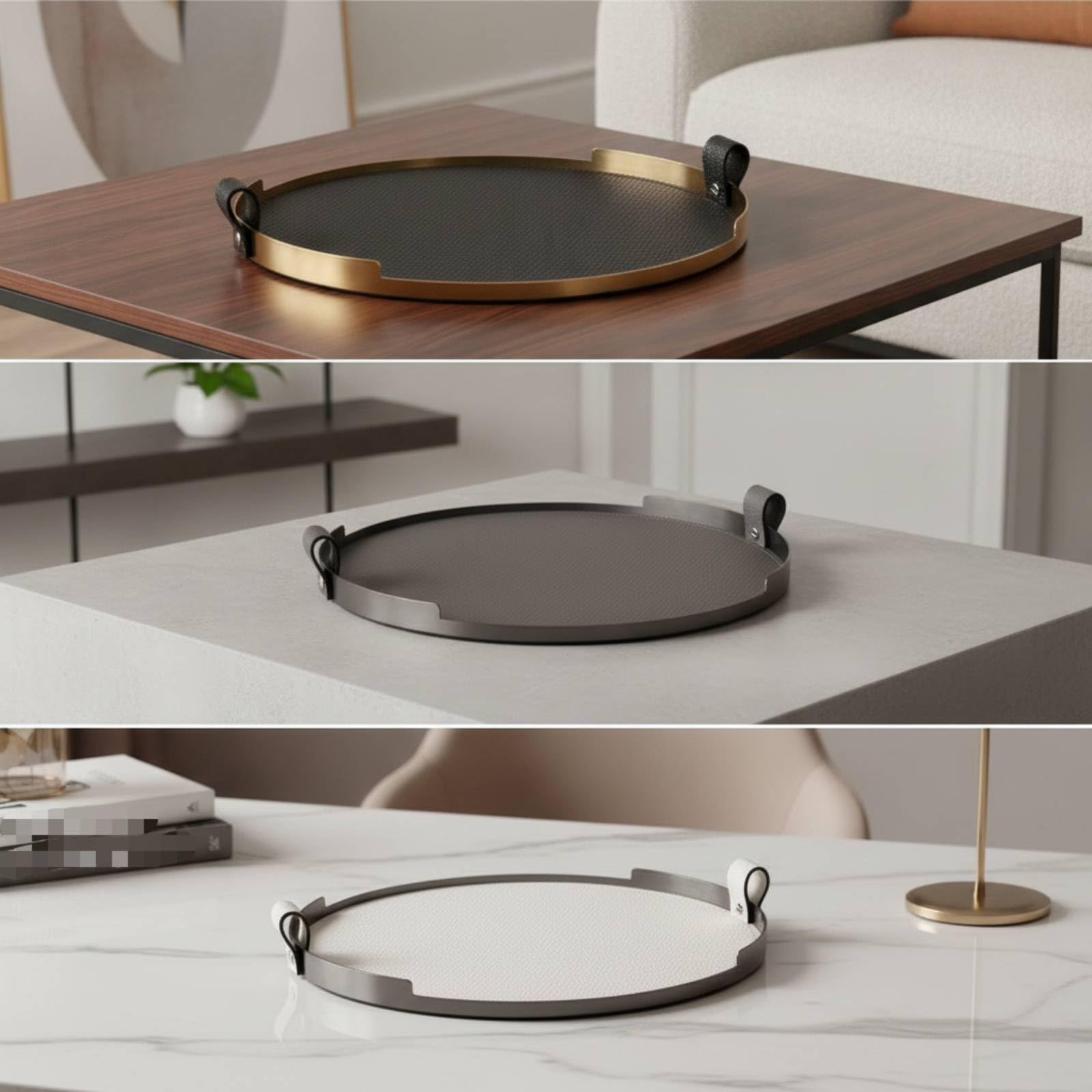 Dekoratives Serviertablett Rund Metall Tablett mit Griffen Ablage Platte Centerpiece Modern Flache Form Strukturierte Oberfläche für Wohnzimmer Couchtisch Küche Büro, Style to 3