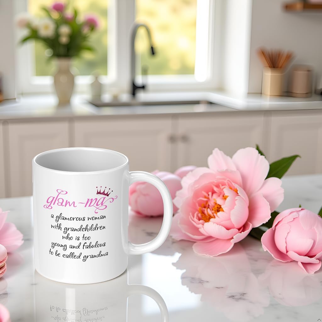 Funny Grandma Theme Ceramic Coffee Mug Glam-ma Definition Great Mother’s Day Gift Idea Grandparents Day Christmas Birthday Gift for First Time Grandmother Granny Tea Cup 11 oz White - Image 3