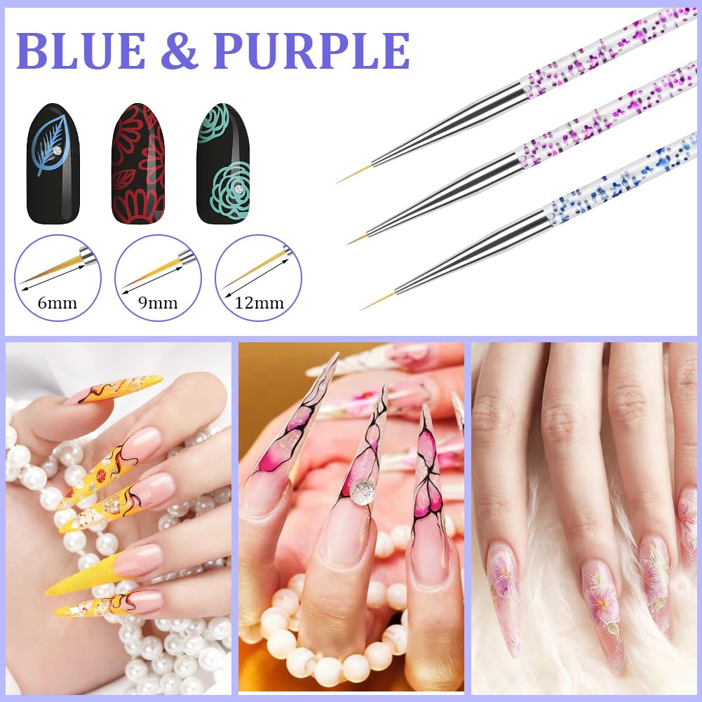 Pinceles para Uñas, 3 PCS Cepillo Uñas Para Pintura Brochas, Nail Art Pintura Dibujo Línea Herramienta, Detalle Para Dibujando Patrones para Uso Diseñol y Bricolaje, Azul