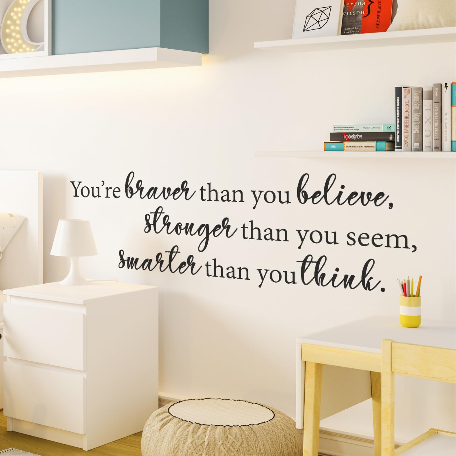 My Vinyl Story - You're Braver Than You Believe - Inspirational Wall Decal Sticker Quote Motivational Office Decor Positive Vinyl Wall Art Classroom Words and Saying (White, 54x17 inches)