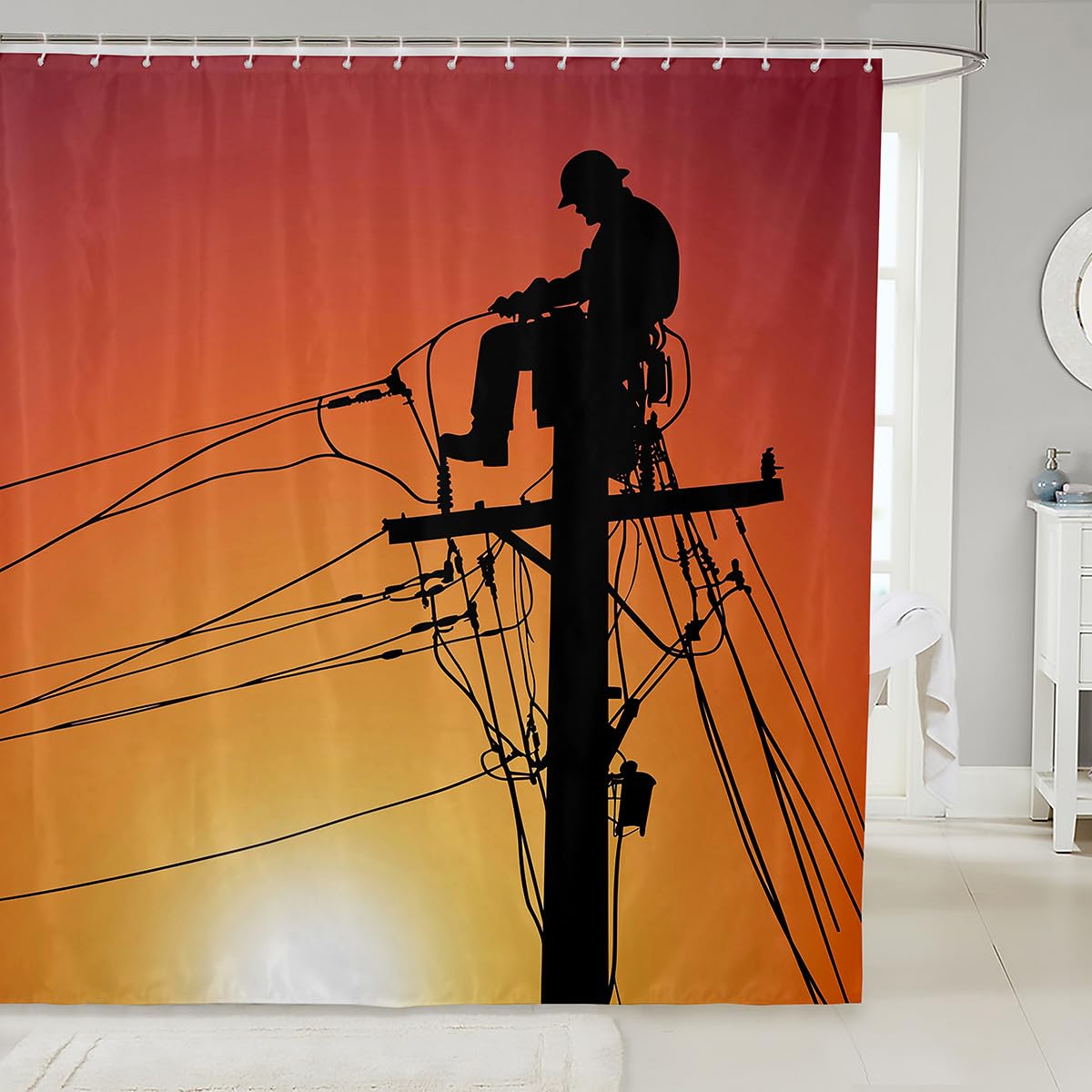 Erosebridal Lineman Shower Curtain Boys Men Electrician Lineman Silhouette Print Curtain European Style Waterproof Bath Curtain for Men Teens Bathroom