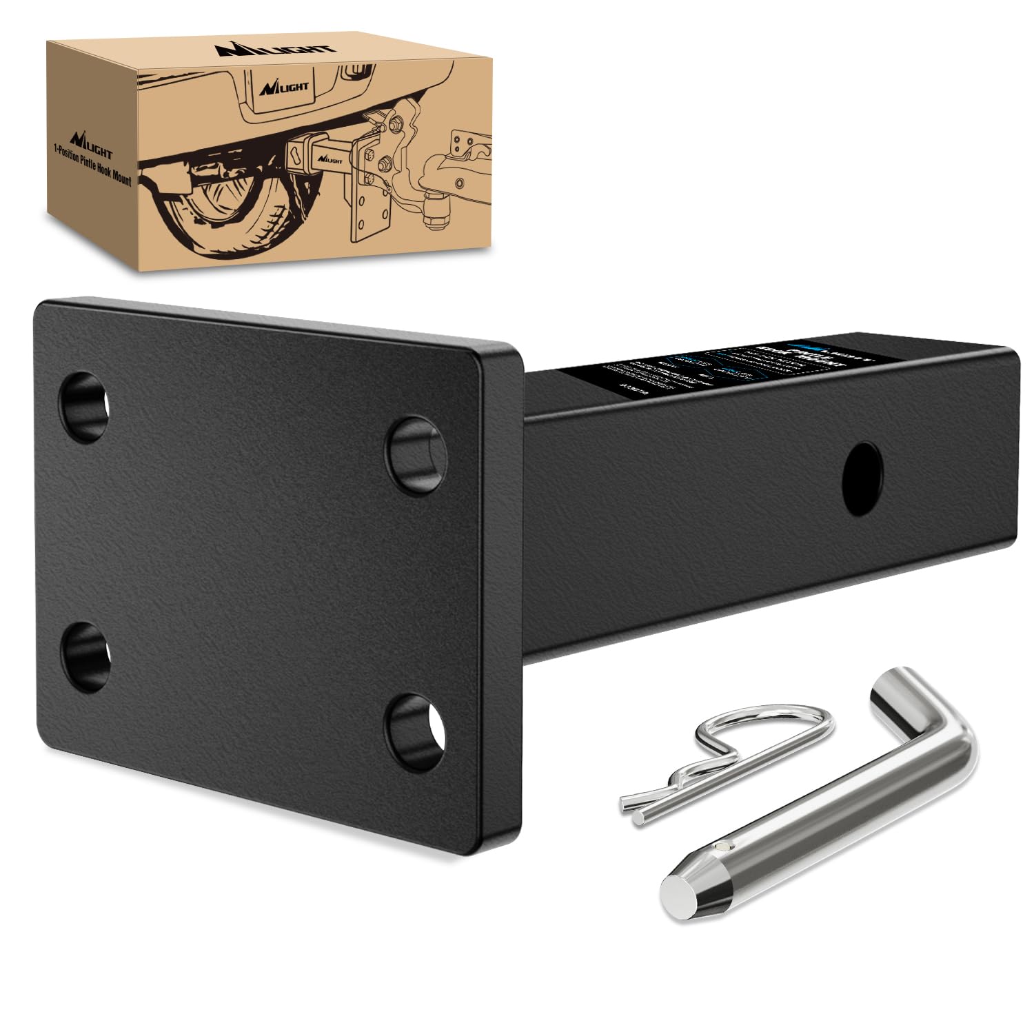 Nilight 1-Position Pintle Hook Mounting Plate for 2" Hitch Receiver | Solid Steel MGTW 20,000 lbs 9" Length Black Pintle Hook Hitch Mounting Plate
