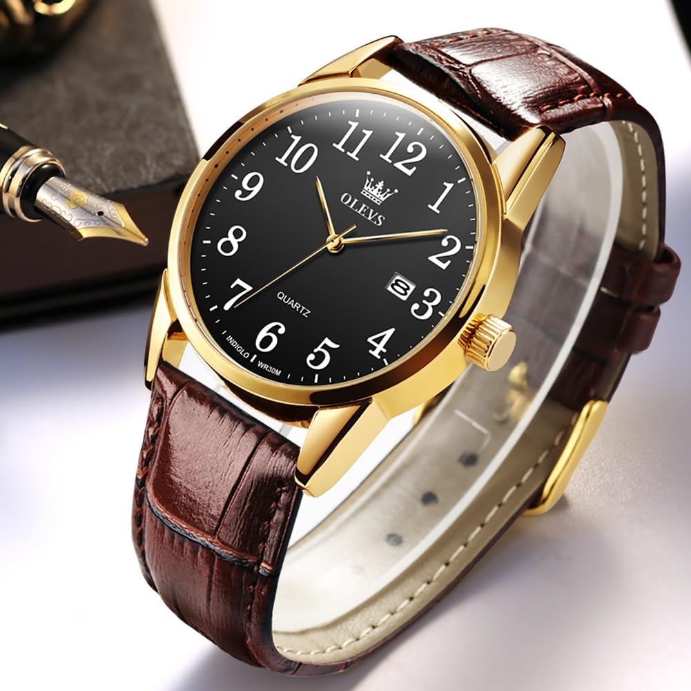 OLEVS Mens Watches Vintage Leather Band Dress Classic Easy Reader Arabic Numerals Analog Quartz Waterproof Date and Day Blue/Black/White Large Face Men's Wrist Watches - Image 3