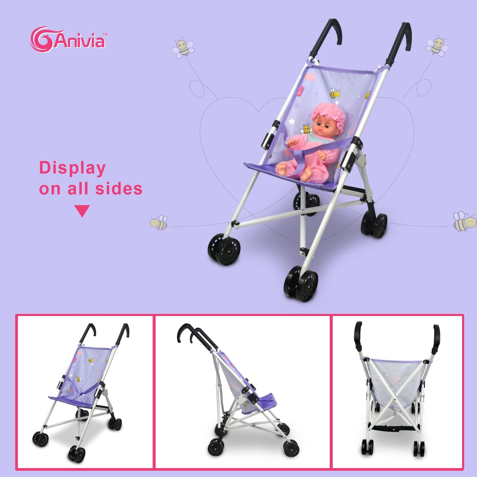 Anivia Landau de poupées, Poussette de poupée Pliable, Jouets Cadeau pour Les Enfants, poupées adaptées jusqu'à 18 Pouces - Violet