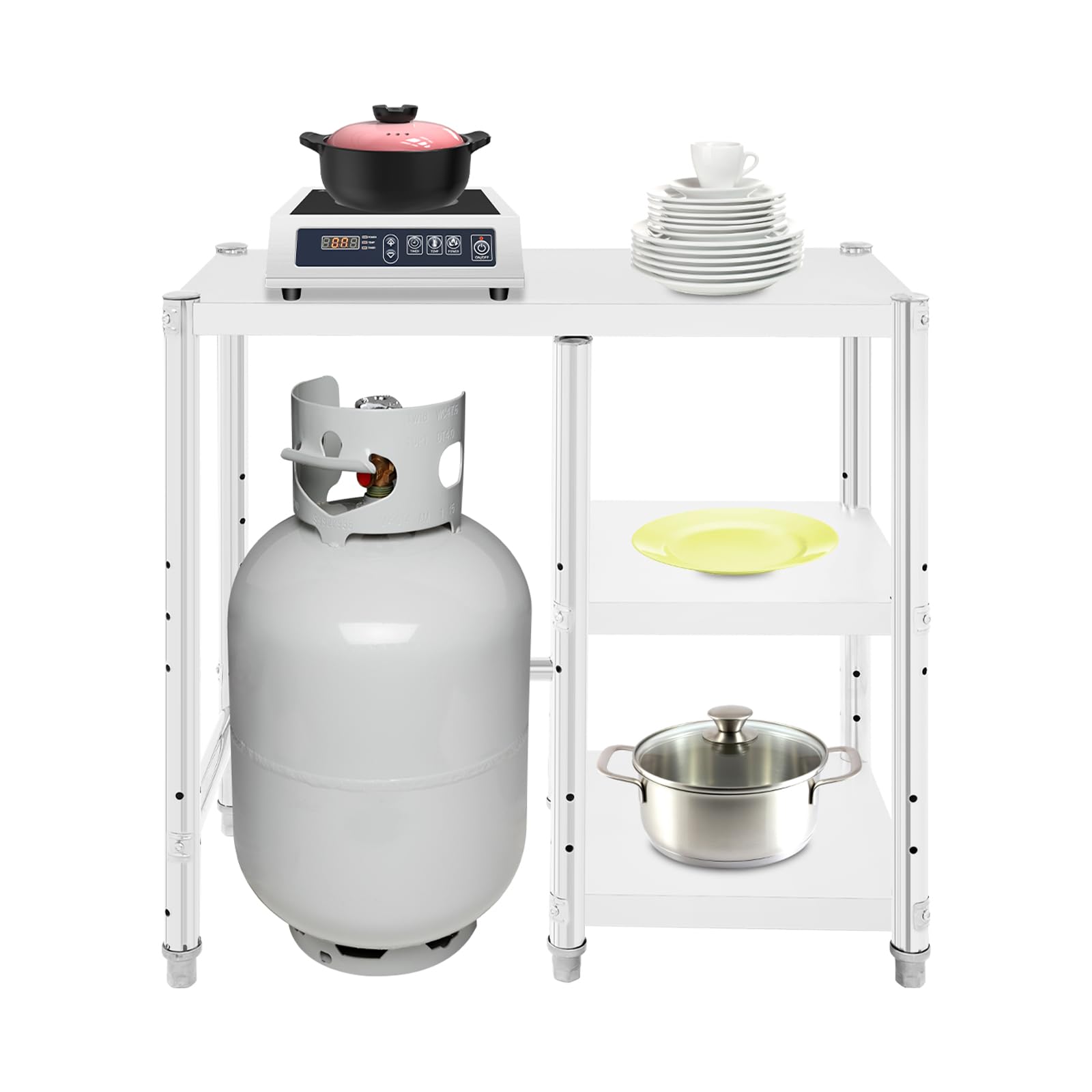 Scaffalatura da cucina, per bombole a gas e fornelli, supporto per forno a microonde con portaoggetti, supporto da cucina a 3 piani con ripiani regolabili, tavolo da caffè