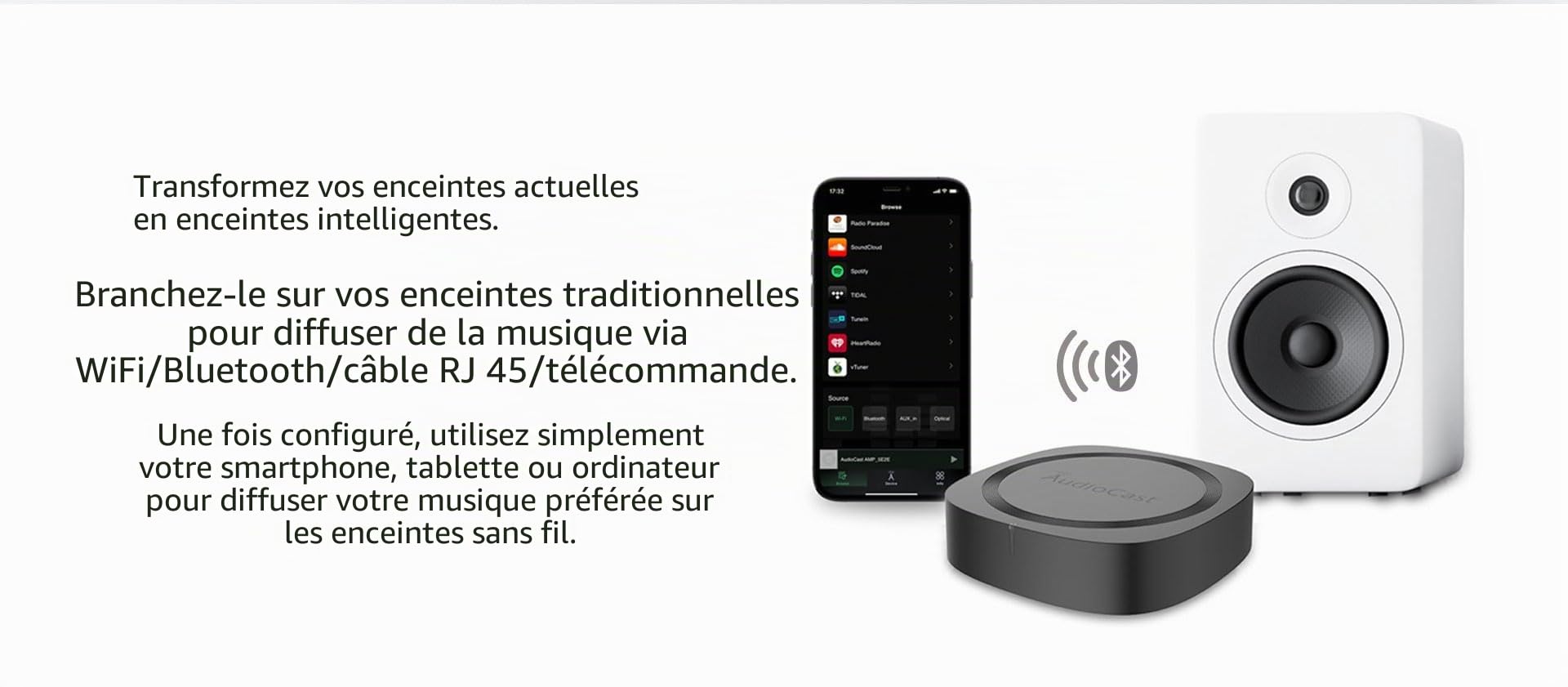 Audiocast Récepteur audio sans fil multi-pièces WiFi Convertit les haut-parleurs filaires en AirPlay Compatible Bluetooth et Ethernet