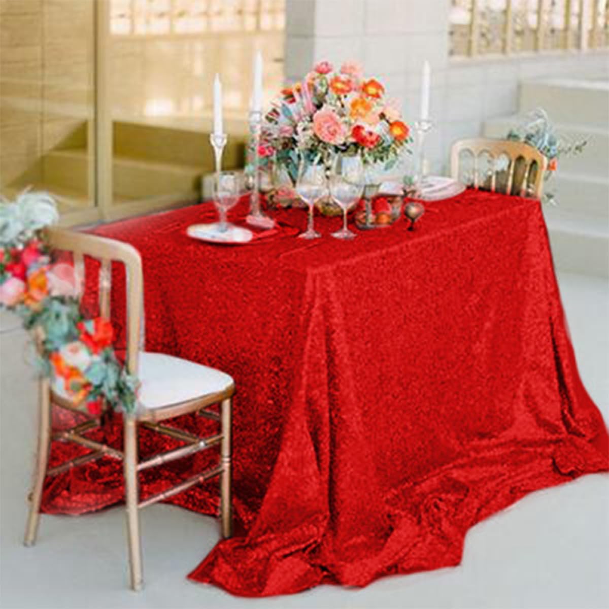 LALAFINA Mantel de Lentejuelas Rojo para Boda y Fiesta, Decoración de Mesa Elegante de Poliéster, Lavable Eventos y Banquetes