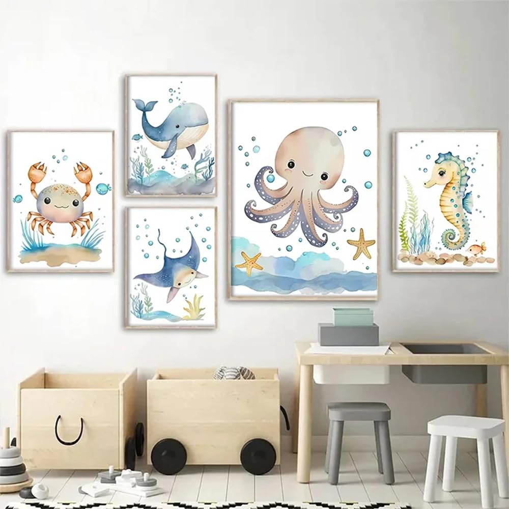 BeiYiHo Affiche Theme Mer Enfant Tableau Animaux Marins Decoration Mer Chambre Enfant Bleu Tableau Ocean Chambre Bebe Tortue Baleine Poisson Hipocampe Toile Poster Deco Marine Chambre Garcon