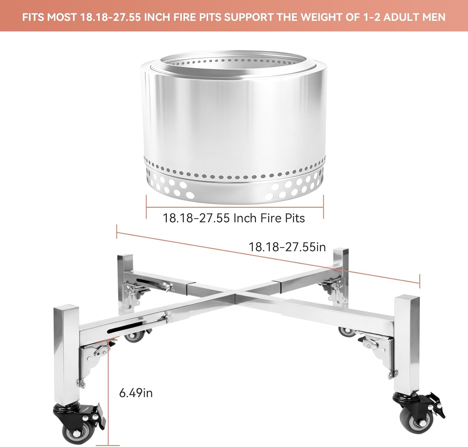 Fire Pit Rolling Stand for Solo Stove Bonfire - 18.18–27.55" Adjustable Fire Pit Stand with Locking Wheels, Stainless Steel Outdoor Fire Pits for Universal Solo Stove Bonfire Ranger and Yukon