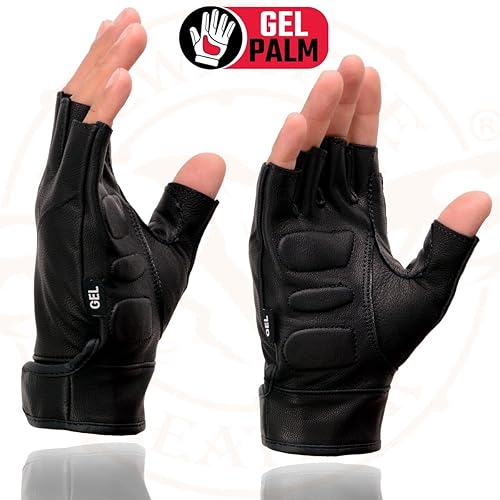 Miniatura 6 de Milwaukee Leather MG7585 - Guantes de mano para motocicleta sin dedos acolchados de gel de cuero negro con cubierta de panel completo para hombre
