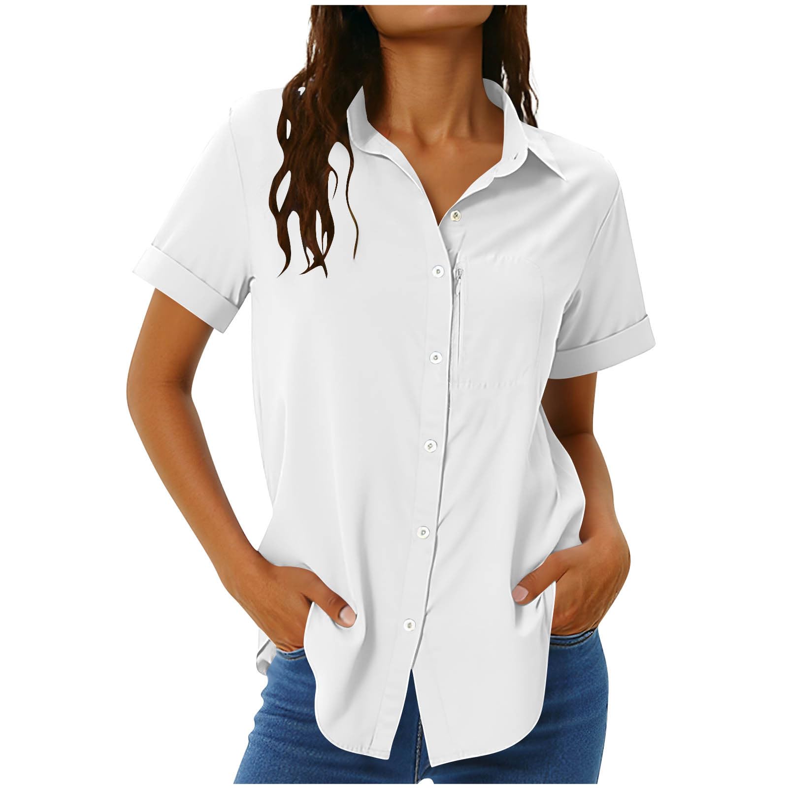 Damen UPF 50+ Shirt Kurzarm Sommer Shirts Outdoor Sport Wanderbluse Schnelltrockner Wandern Hemden Revers Knopfleiste Hemdbluse Einfarbig Lässig Sportshirt Atmungsaktive Blusentop