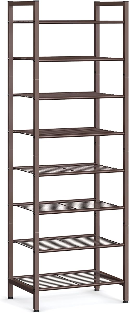 SONGMICS Narrow Shoe Rack - Sturdy 8 Tier Metal Tall Shoe Rack Shelf, Slim Shoe Storage Organizer for Closet Entryway Small Spaces, Bronze