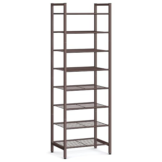 SONGMICS Narrow Shoe Rack, Sturdy 8 Tier Metal Tall Shoe Rack Shelf, Slim Shoe Storage Organizer for Closet Entryway Small Spaces, Vertical Shoe Stand Tower for 18 Pairs Shoes, Easy Assembly, Bronze