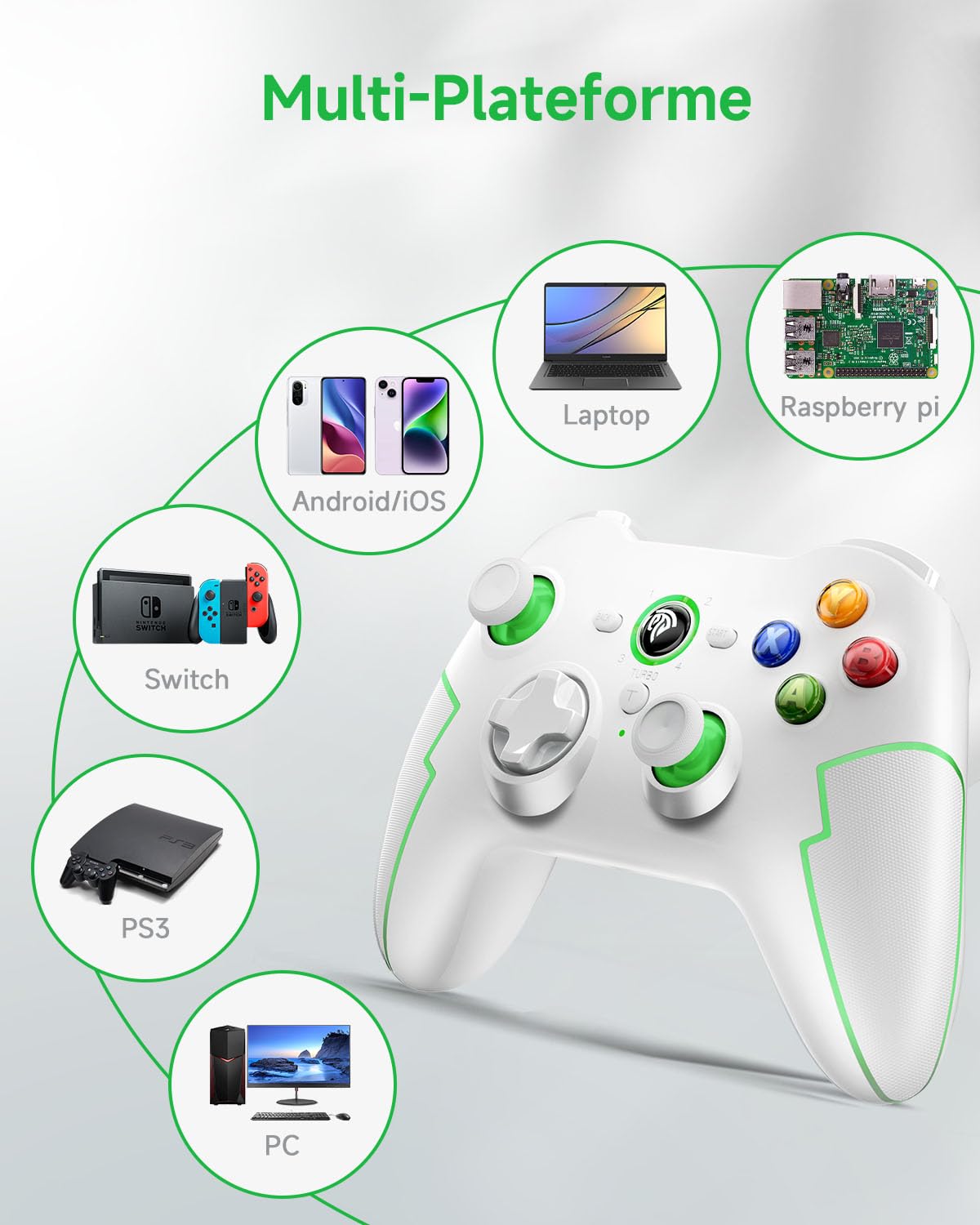 EasySMX Manettes PC PS3 sans Fil Rechargeable, 9013PRO Manette Switch Pro sans Fil Bluetooth, Manette PC pour Téléphones Android iOS, Android TV Box et Tesla, Blanc Vert, ESM-9013PRO
