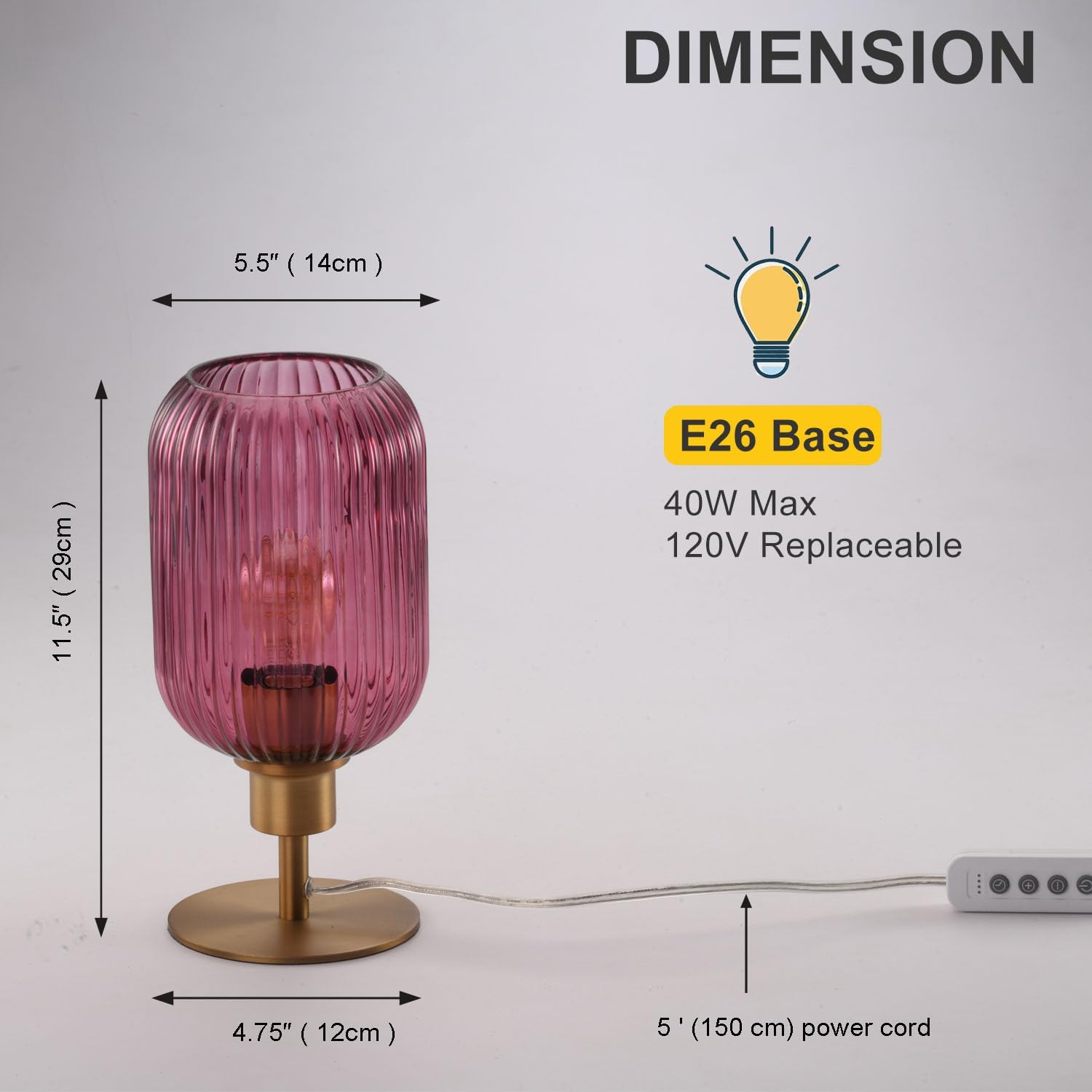 Mid Century Glass Table Lamp,Dimmable Desk Lamp,LED Bulb Included,Timer Build-in,Purple Ribbed Glass