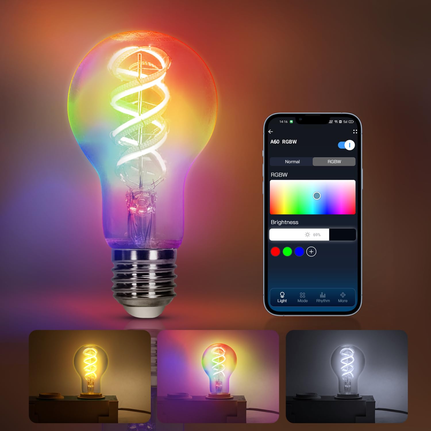 Aigostar E27 Smart Bulb, Alexa Light Bulbs, Colour Changing Light Bulb Vintage Smart Bulb, Dimmable Smart Filament Bulb, WiFi Bulb E27 Works with Alexa &Google Home, 4.9W, 420lm Vintage LED Bulb A60