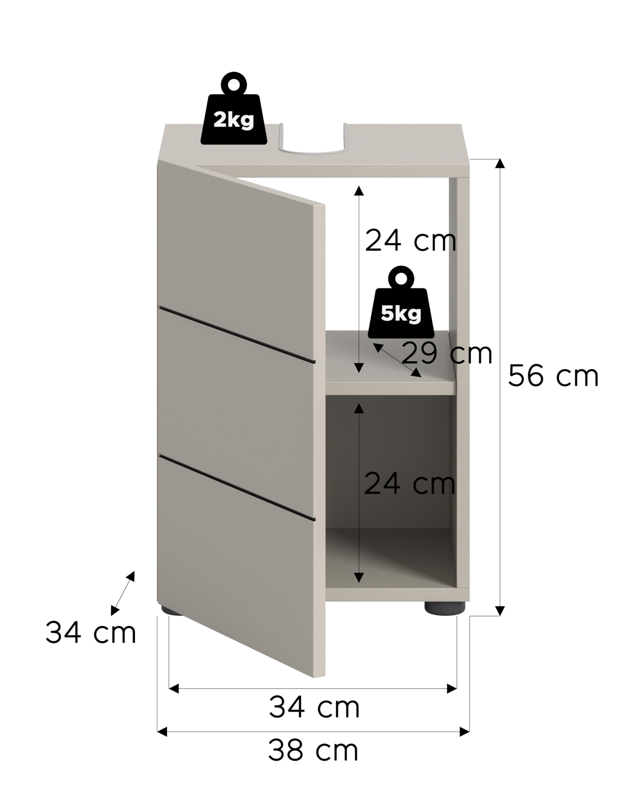 xonox.home – Waschbeckenunterschrank Vira 38x56x34 cm in Kaschmir Nachbildung und Akzenten in Schwarz – Schmaler Bad-Unterschrank für Gäste-WC – Kompakt, modern & pflegeleicht