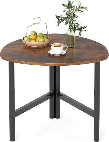 Giantex Mesa auxiliar triangular, mesa auxiliar de madera con patas de metal, mesas decorativas para sofá, mesa de centro pequeña para sala de