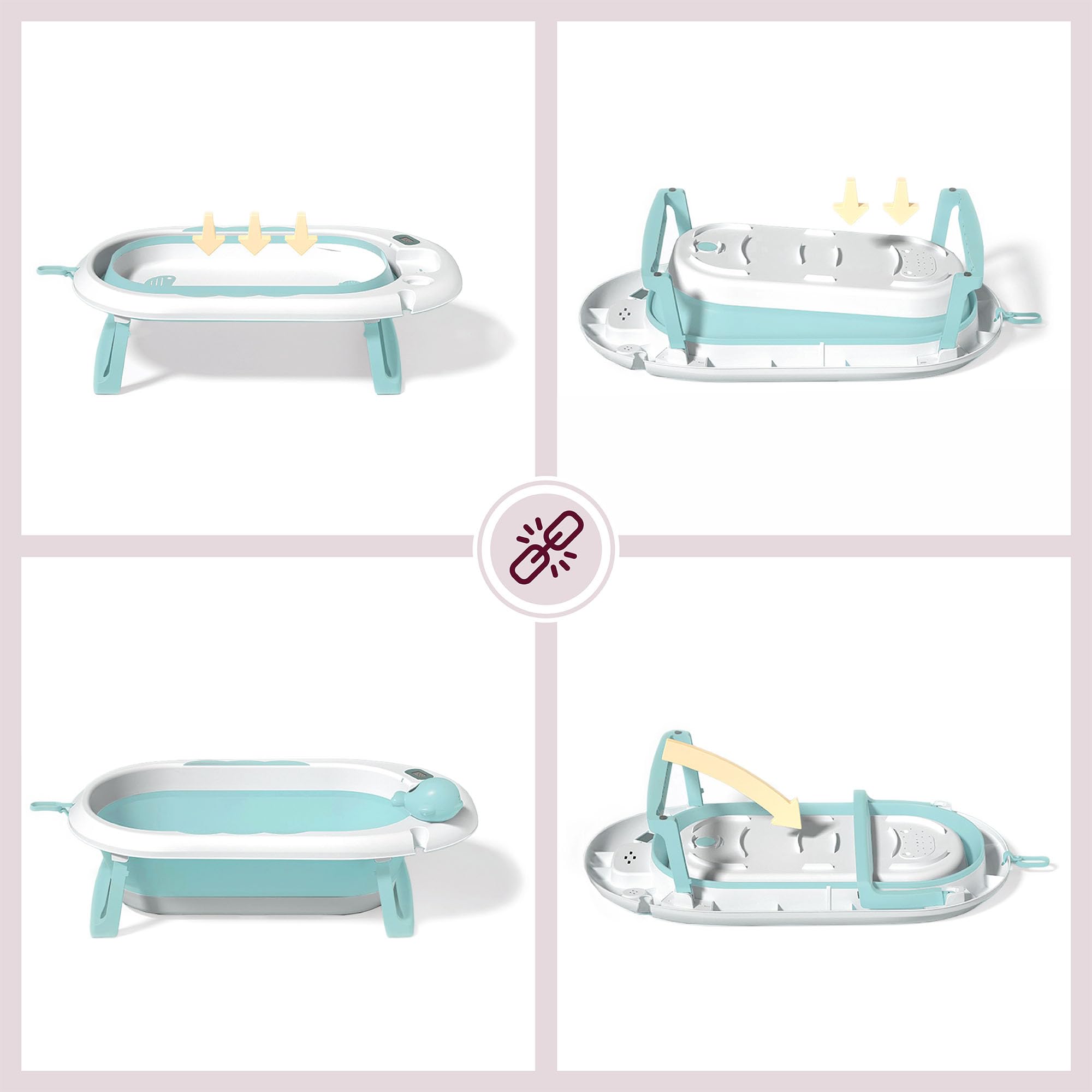 Moby-System Bañera Bebé Plegable con Termómetro LCD Incluye Inserto Soporte Alto y Bajo Vasito de Ballena – Compacta y Segura desde Recién Nacido – Menta