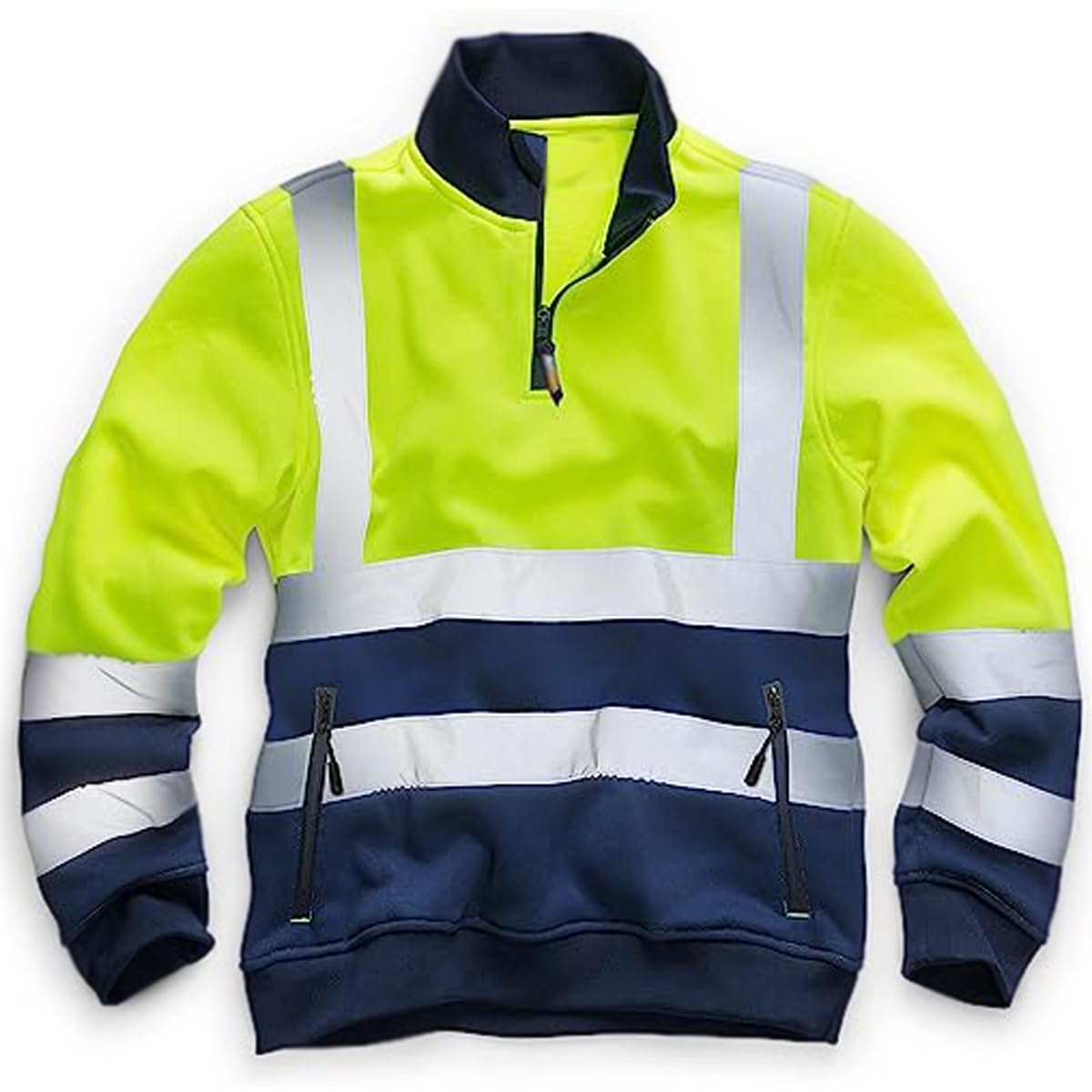 Durus Workwear Men's Yellow/Navy Hi Vis Zip Neck Workwear Sweatshirt Reflective Safety Pullover Jumper