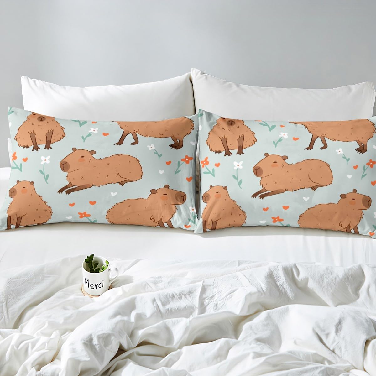 Loussiesd Juego de sábanas Capybaras florales para niños, sábanas Capybara de dibujos animados con bolsillo profundo, juego de ropa de cama Capybara marrón con 2 fundas de almohada doble