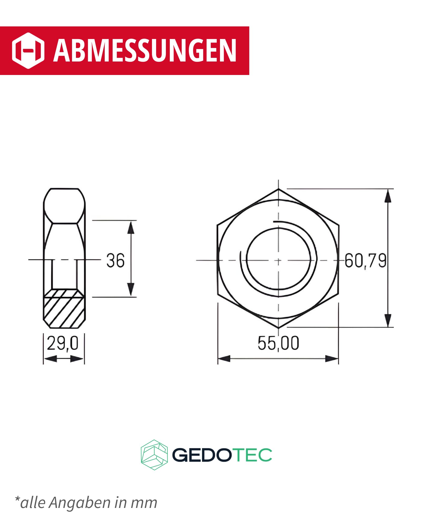 Gedotec Sechskantmutter DIN 934 | M36 | 20 Stück |verzinkter Stahl, schweißbar | Schraubenmutter, Standard, Verbindungselement | metrisches Regelgewinde, Mutter, Sechskant