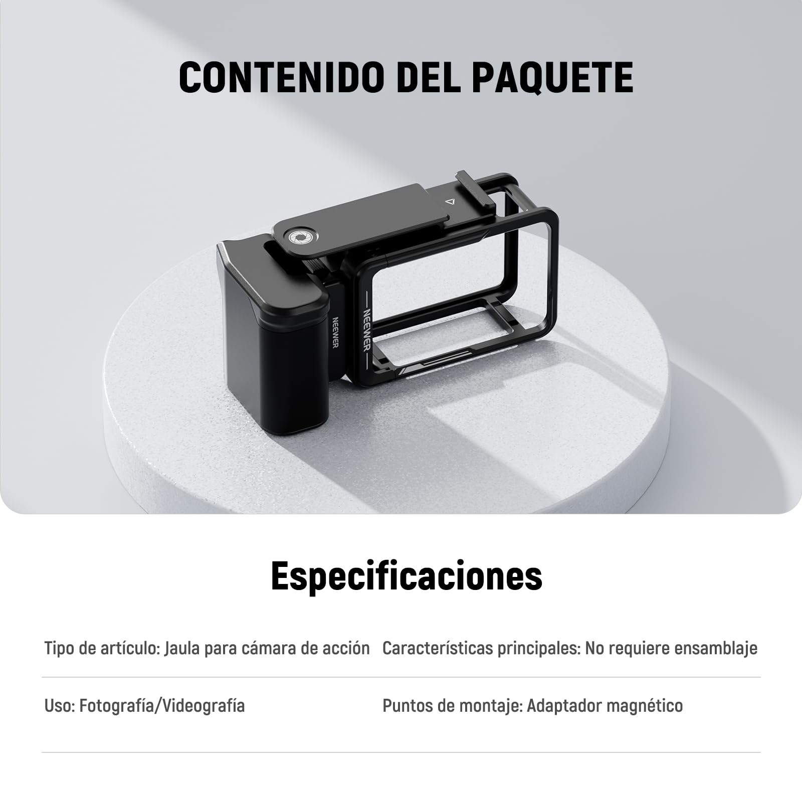 NEEWER Kit de accesorios de jaula y mango lateral compatible con cámara DJI Osmo Action 5 Pro / 4/3, soporte magnético de metal protector para video, barra extensora de obturador de zapata fría, negro