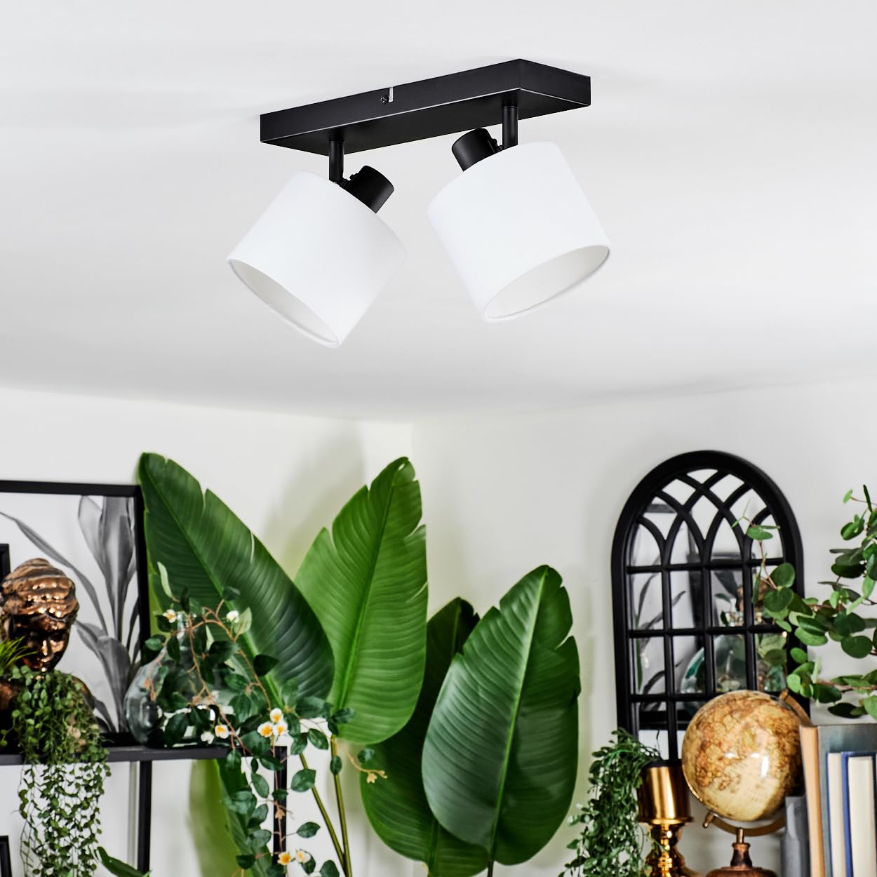 HOFSTEIN Lámpara de techo Bassagoda, lámpara de techo de metal/tela en negro/blanco, lámpara ajustable de diseño moderno (pantallas de 12 cm de diámetro), 2 x E14, comedor, salón, dormitorio, cocina