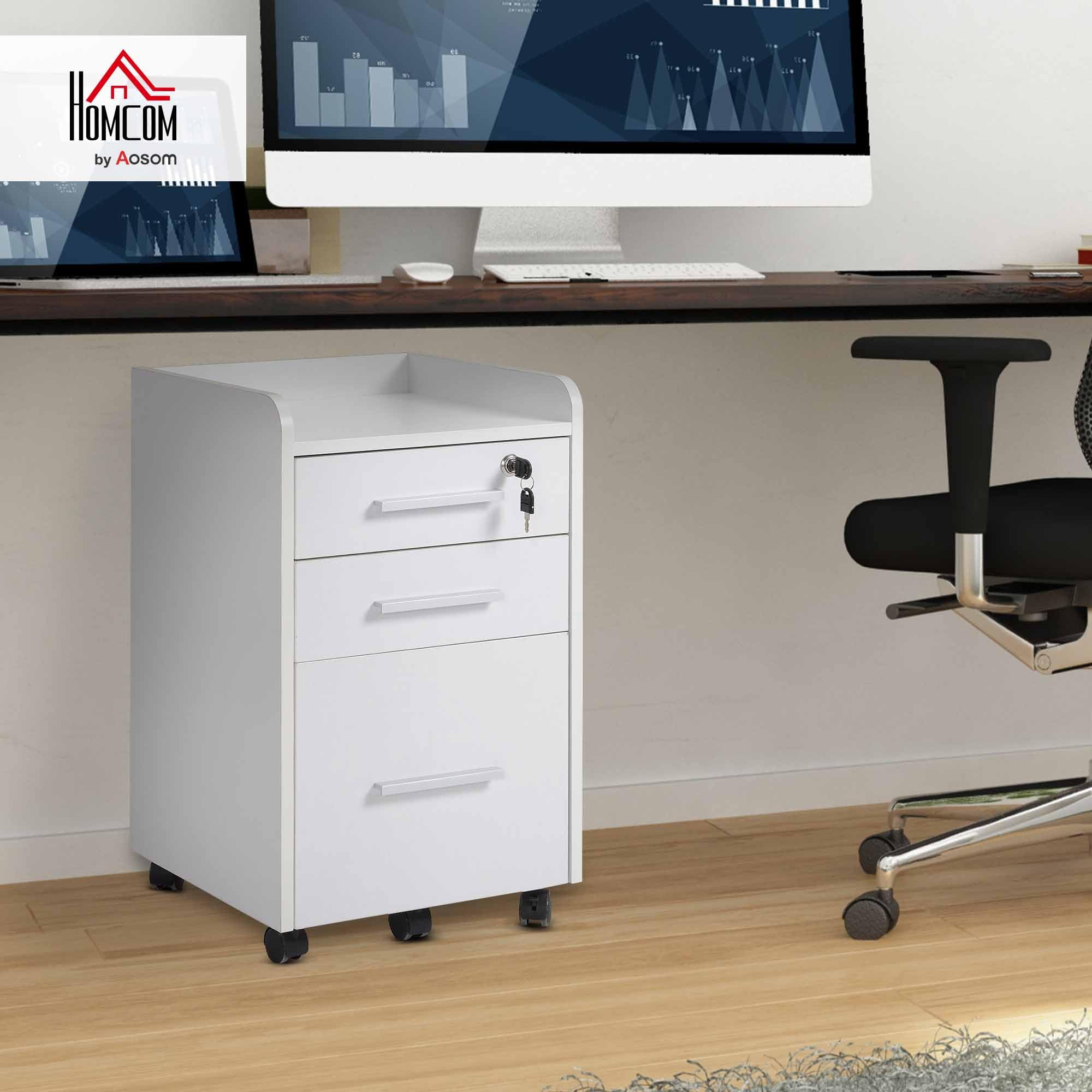 HOMCOM Caisson de bureau rangement bureau sur roulettes 3 tiroirs 1 verrouillable 1 trieur dossiers en bois blanc