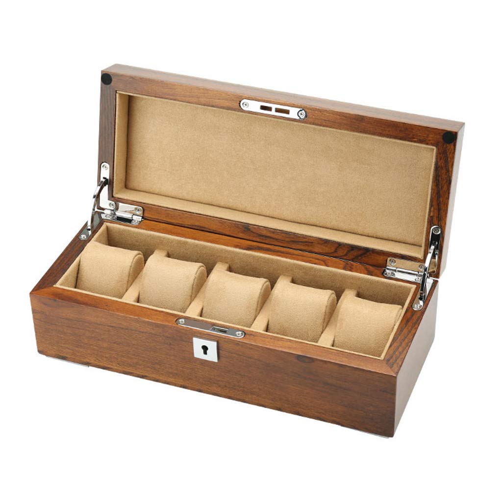 ANVLOJRIH 5-Slot Watch Display Storage Box Wood 5 Brown/Beige Soft Removal Cushions Metal Clasp Closure Showcase Jewellery Bracelet Collections Cases Organiser