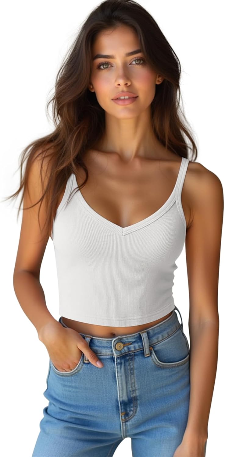 3 Pack Women's Spaghetti Strap Crop Top Ribbed Knit Basic V Neck Tank Top Cami Shirts - Image 5