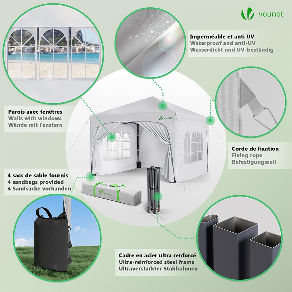 Gazebo Pieghevole 3x3m Impermeabile con Pareti Laterali, Tenda Esterno da Giardino Bianco