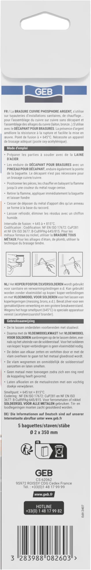 GEB Baguettes cuivre/phosphore/Argent pour brasage Fort. S'utilise sur tuyauteries d'installations sanitaires, de Chauffage… - 5 Baguettes