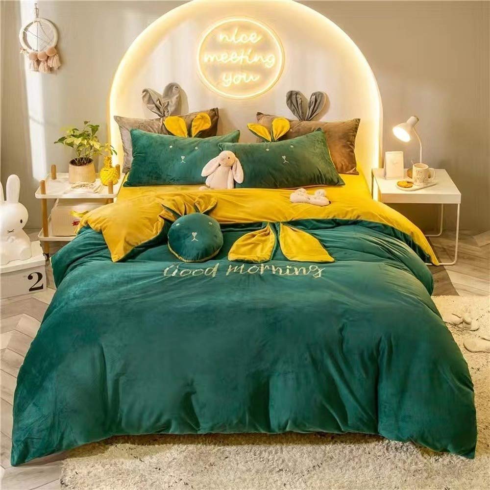 Juego de ropa de cama de terciopelo con diseño de orejas de conejo y funda de almohada, para habitación de los niños (AB07, individual 150 x 200 cm)