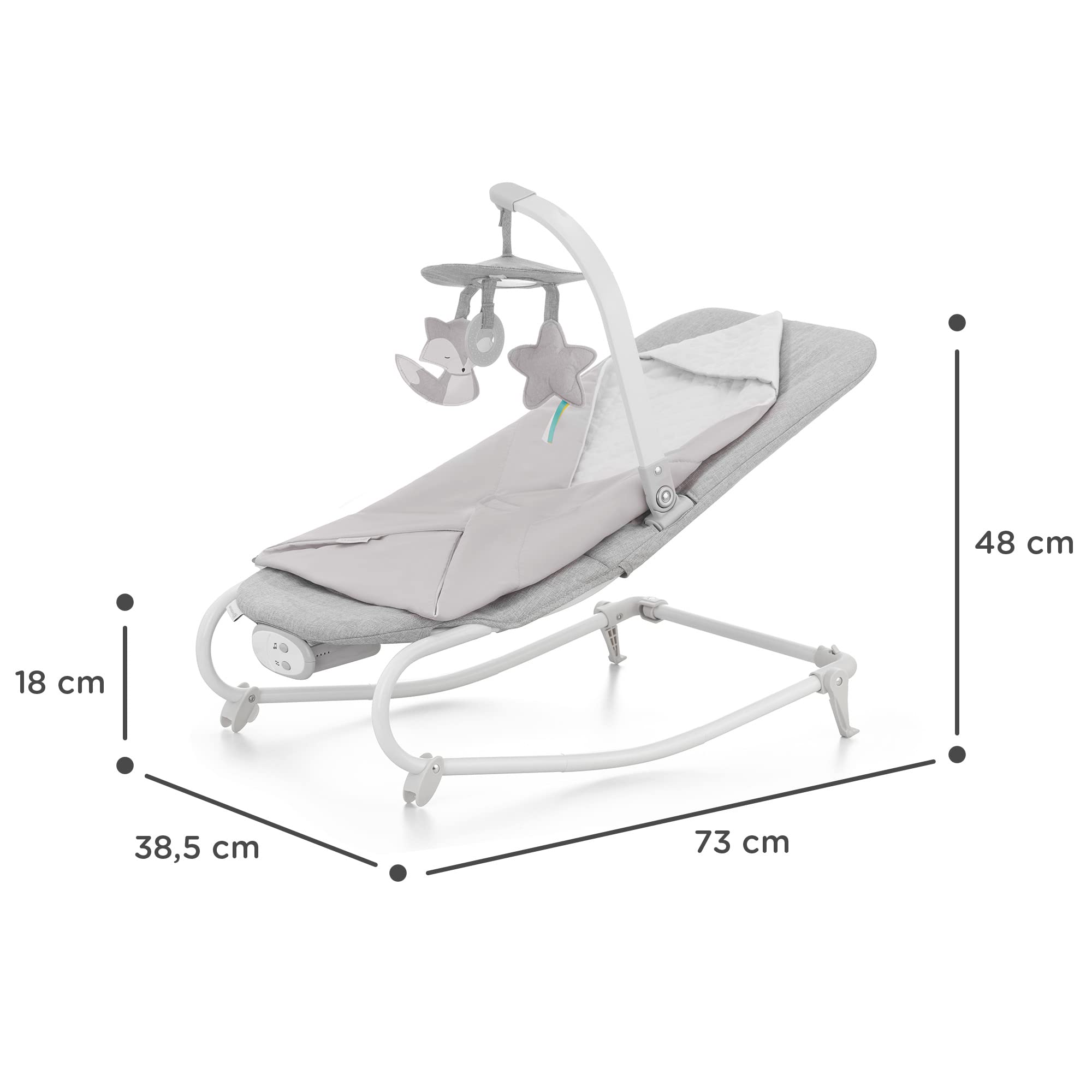 Kinderkraft FELIO2 Hamaca Bebé, Balancín, Silla mecedora con manta envolvente, mosquitera y arco con 3 juguetes, vibraciones, 8 músicas, extremadamente ligera, Gris
