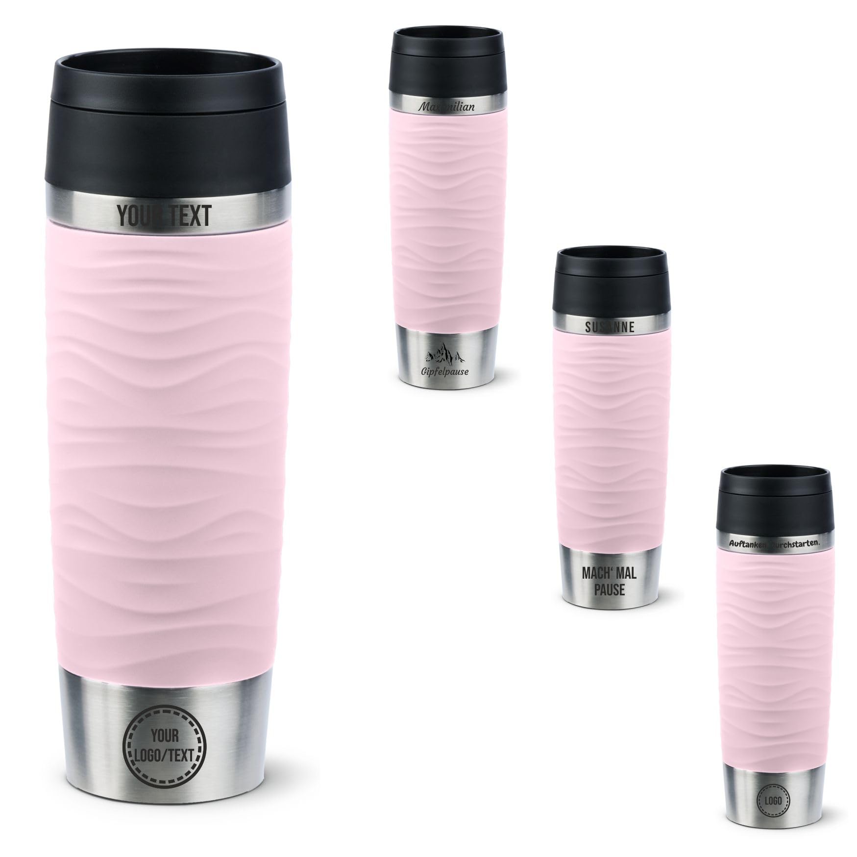 Emsa Travel Mug Waves mit Gravur 500ml – Personalisierter Thermobecher mit Namen oder Logo, Isolierbecher für Kaffee & Tee to Go, Edelstahl, Quick Press Verschluss, 100% auslaufsicher (Rosa)