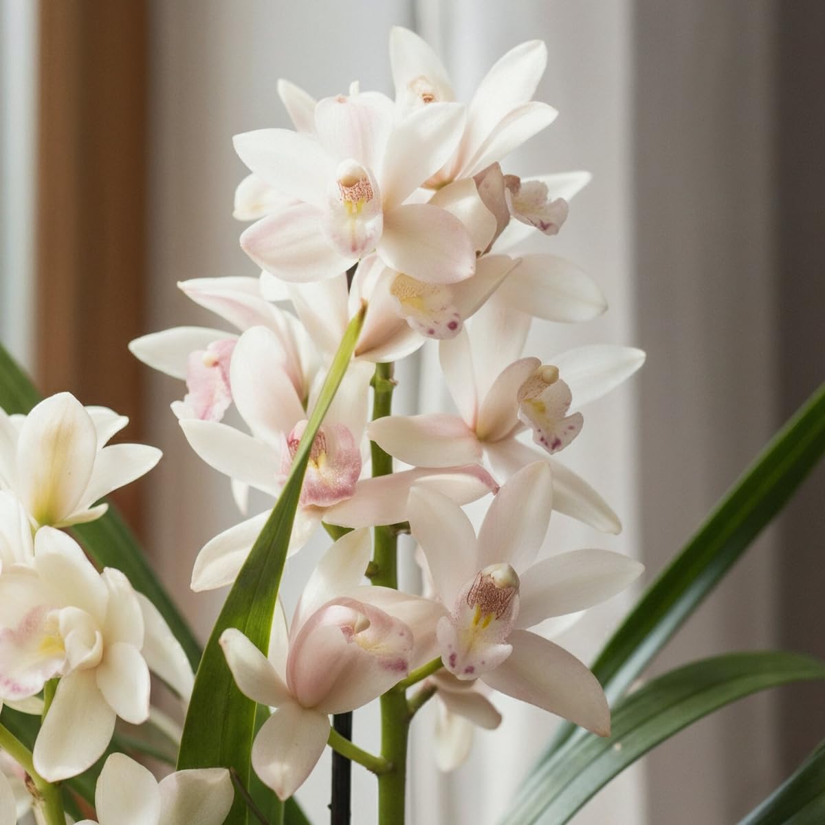 Orchideen Echte Pflanzen Weiße Cymbidium - 1 große Zimmerpflanze aus Holland - 60-70 cm hoch - 14 cm Topf - mit Blüten und duftend (Nicht künstlich, ohne Dünger und Topf, kein Samen, nicht winterhart)