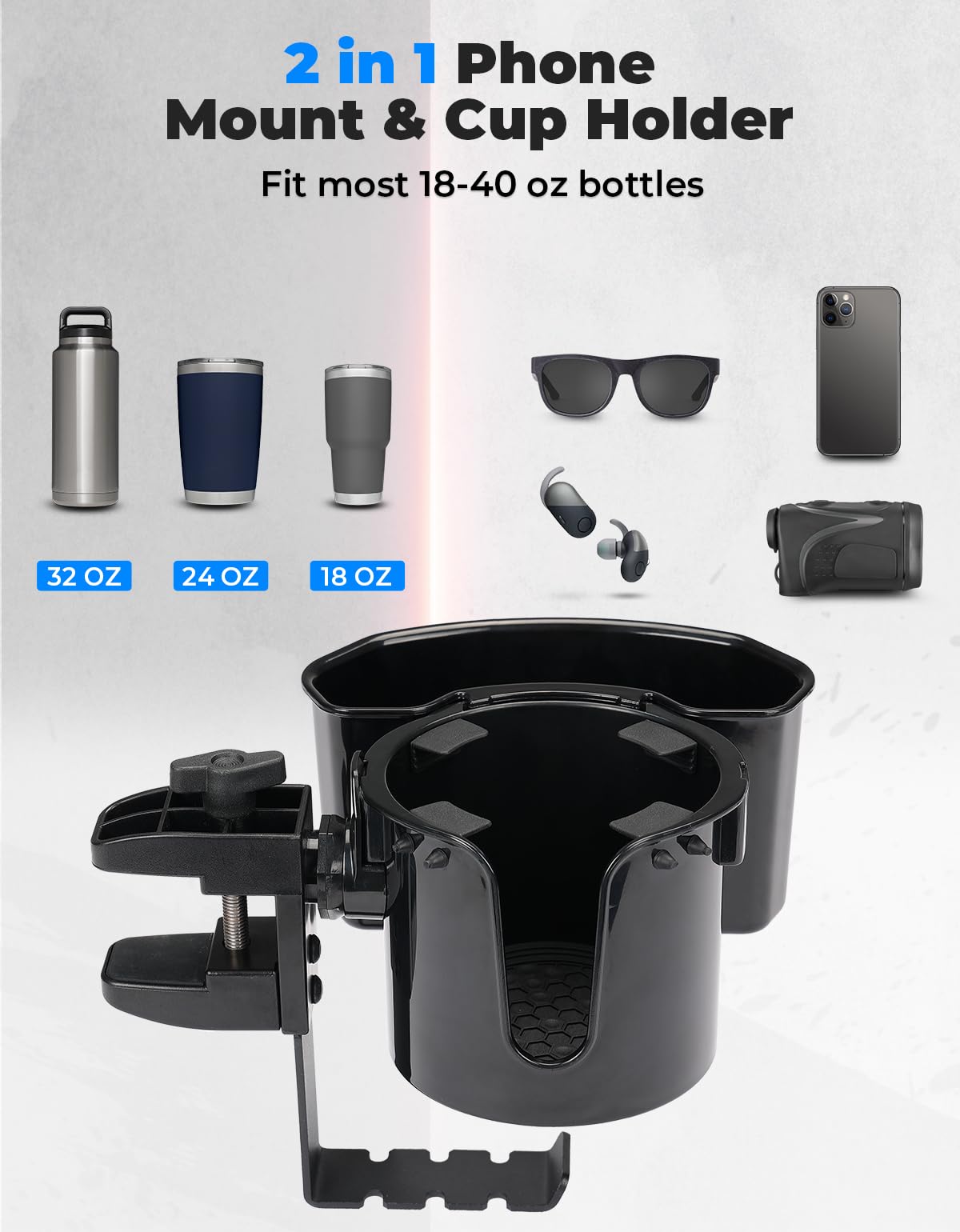 KEMIMOTO 2 in 1 Large Cup Holder with Headphone Hanger,Black, Caddy Organizer for Gaming Table Office Table, Lawn Chair, Golf Cart, Pontoon Boat, Suitable for Most 18-32 oz Bottles