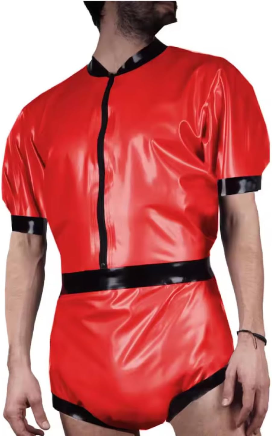 Men's Leather Bodysuit PVC Leather Short Sleeve Rompers Party Club Wear Stretch Short