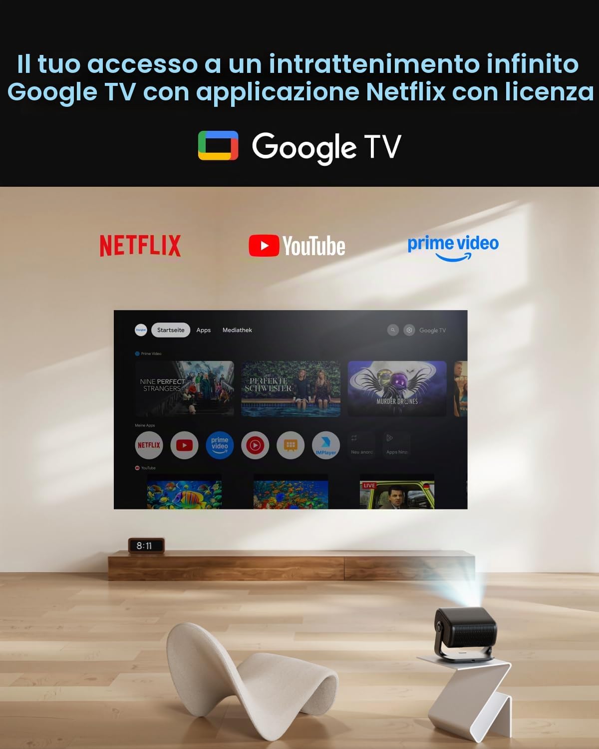 Dangbei MP1 MAX Beamer 4K Home Cine con 3100 lúmenes ISO, 300" Blu-ray 3D, HDR10+, Google TV con Netflix oficial y Dolby Audio DTS:X, HDR10+, Proyector de vídeo inteligente con WiFi y Bluetooth