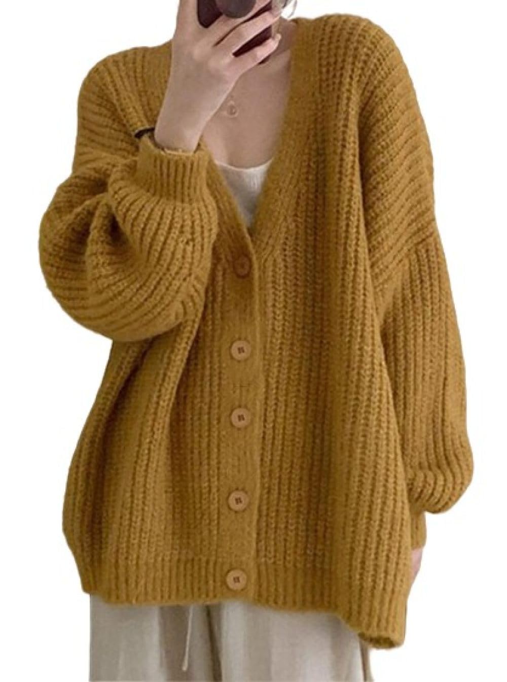 HGJH Damen Strickjacke, lässig, V Ausschnitt, Zopfmuster, lose Knöpfe, vorne offen, Strickjacke, Elegante Übergangsjacke, Leichter Kimono Mantel, Oberbekleidung, Herbst und Winter, L
