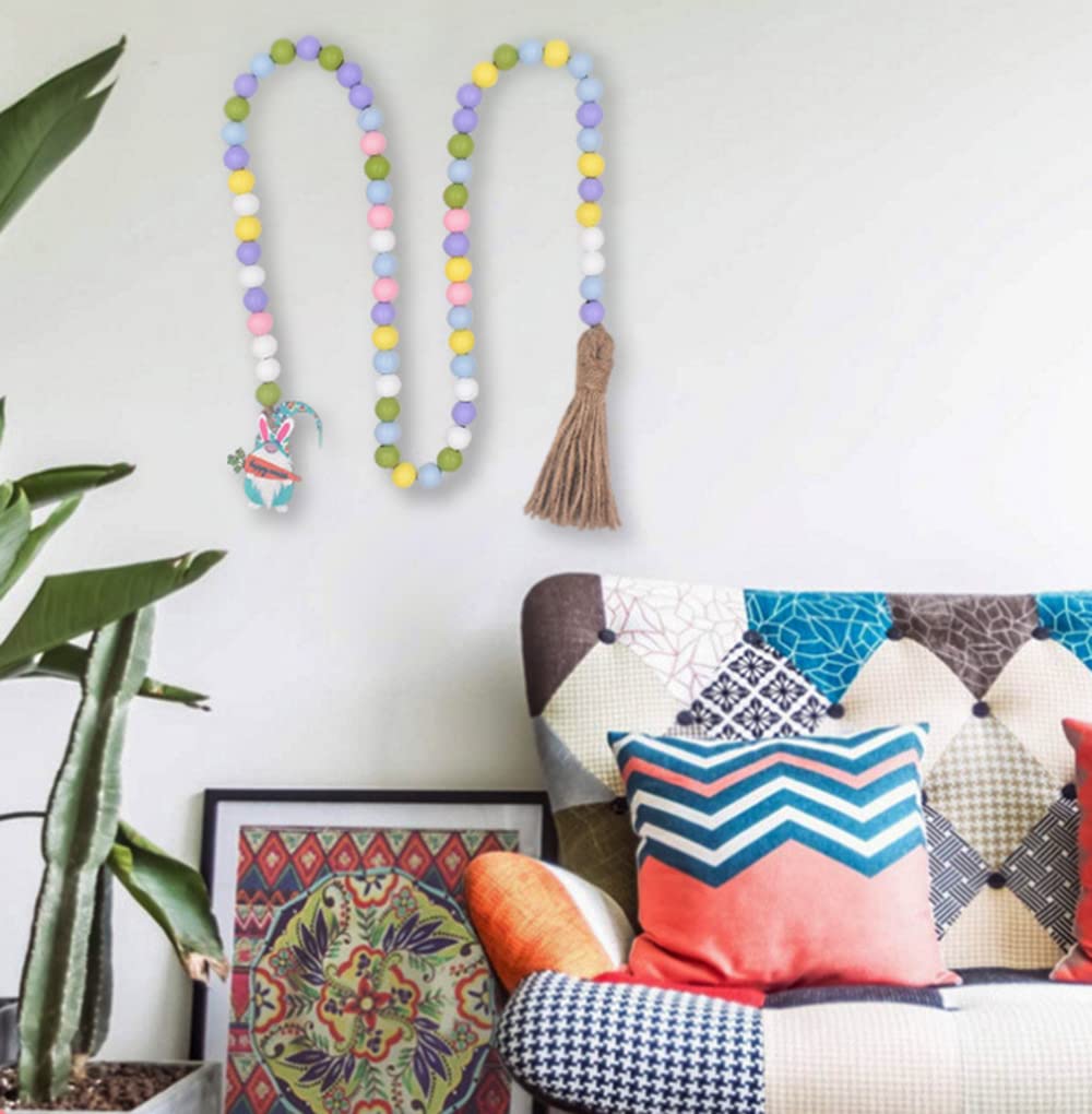3 Stück 1.2m Bunte Holzperlen Girlande mit Quasten Hase Osterdeko Wandbehang Perlengirlanden Haus Dekoration Wall Decoration Raumdekoration Wanddekoration,16mm Gelb+Blau+Lila