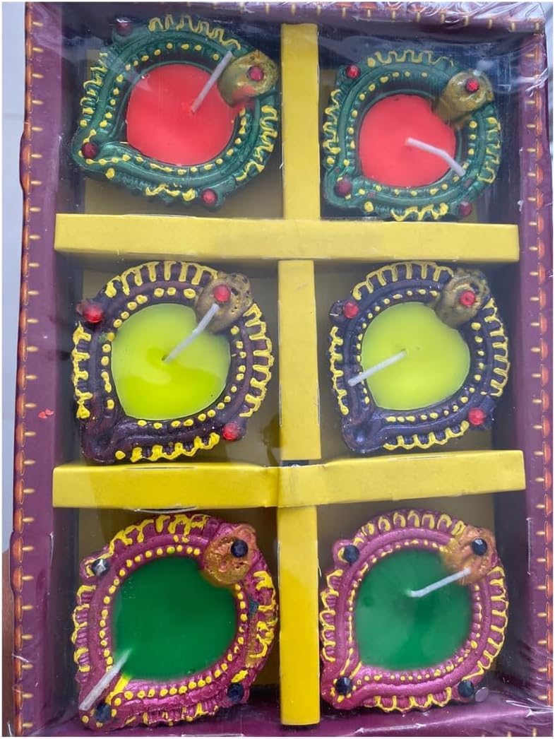 Pound Veg Set of 6 Handmade terractor Diwali Diya Multicolour Oil Lamps for Pooja Deepak Decoration Rangoli Diva Deepam Decorative Lighting Accessories (6 Wax Diya)