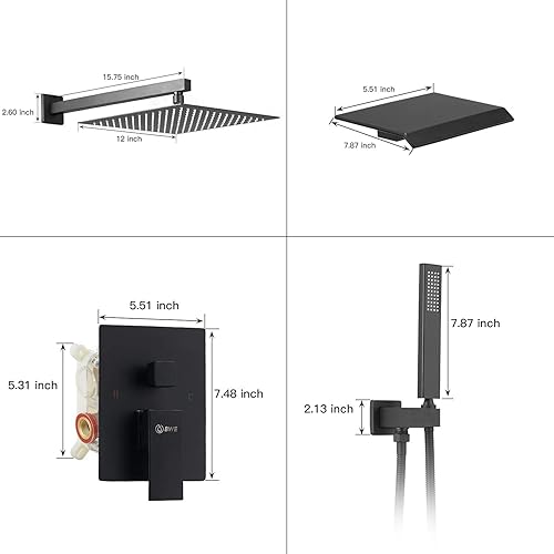 Miniatura 6 de BWE Sistema de ducha negro de 12 pulgadas con grifo de cascada completo con boquilla mate, mezclador de lluvia cuadrado de lujo, equilibrio de